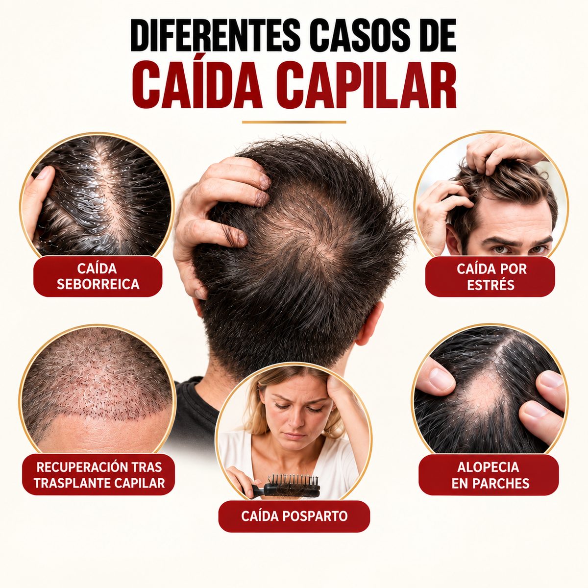 Diferentes casos de caída capilar: caída seborreica, caída por estrés, recuperación tras trasplante, caída posparto y alopecia en parches