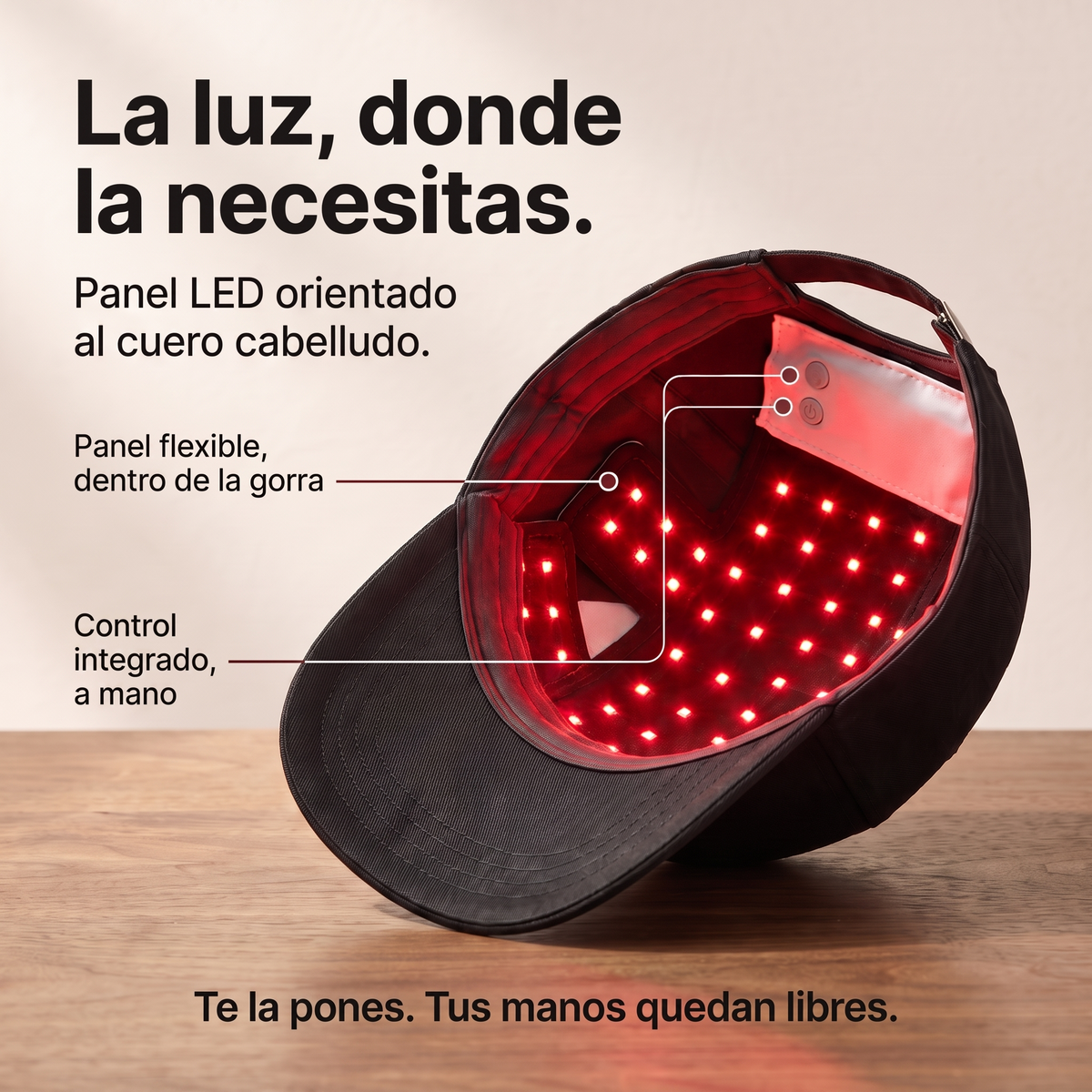 La luz, donde la necesitas: panel LED hacia el cuero cabelludo y control integrado. Ilustración explicativa de RedCore.
